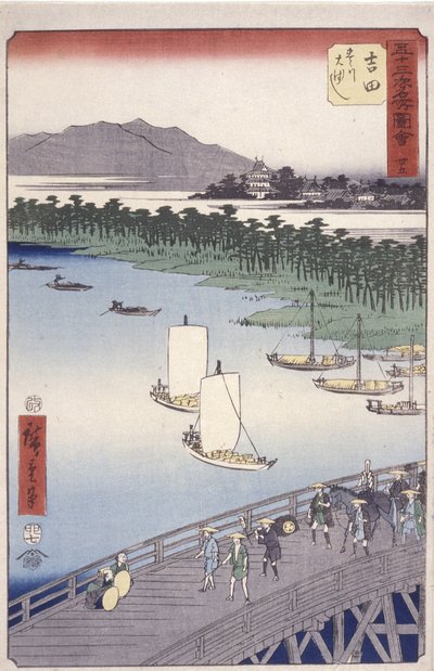 Station 35, Yoshida; Kyoka Tokaido Series (Figures Crossing Foreground) by Ando or Utagawa Hiroshige