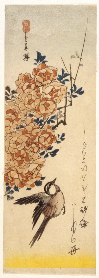 Wagtail and Roses by Ando or Utagawa Hiroshige