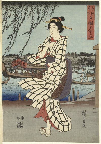 Woman Walking on a Riverbank by Ando or Utagawa Hiroshige