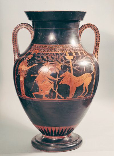 Attic red-figure belly amphora depicting Herakles capturing Kerberus, from Athens by Andokides Painter