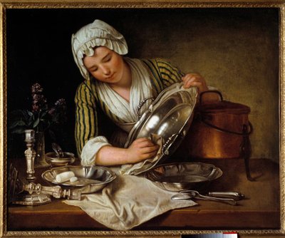 Domestic servant polishing the silver. Painting by Andre Bouys 1737. Paris, Decorative Arts by Andre Bouys