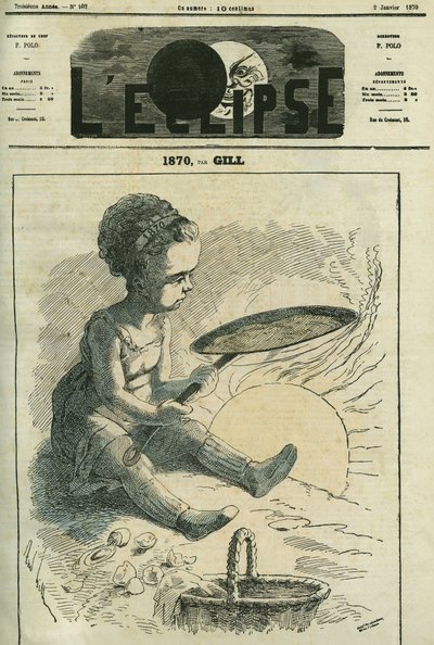 1870, social cuisine: a little girl cooks a crepe in a stove heated by the sun. Cover in 