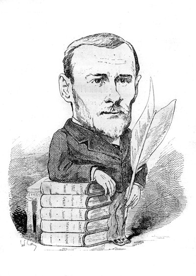 Cartoon by Georges Ohnet, a French writer representing with his books and pen. Drawing by Andre Gill. Engraving in 