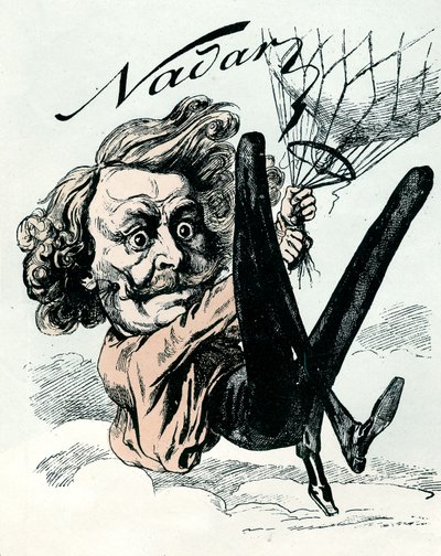 Cartoon of Felix Nadar, pioneer of aerial picture in 1858, here hanging from his balloon by Andre Gill