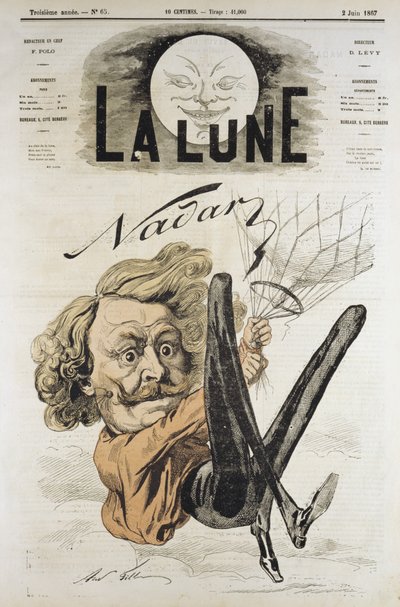 Cartoon of Felix Nadar, pioneer of aerial photography in 1858, hanging from his balloon by Andre Gill