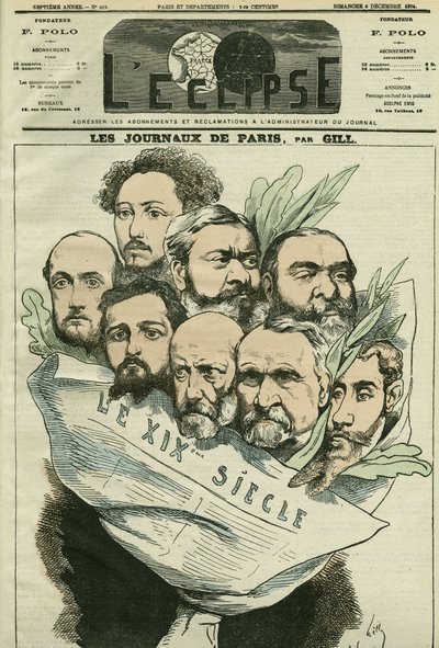 Cartoon of the team of the newspaper Le XIXe siècle, directed by Edmont About (1828-?), a French man of letters. Cover in L