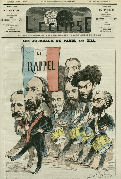 Cartoon the recall of the Republique by the Paris newspapers, with Paul Meurice (1818-1905), Auguste Vacquerie (1819-1895), Gaulier, Blum, Lefevre, D