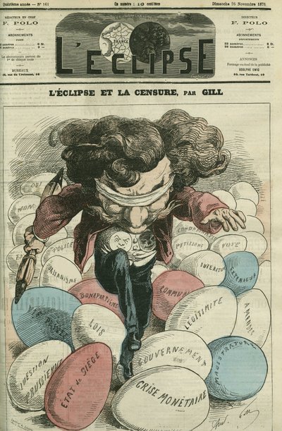 Eclipse and censorship, an illustration of Gill walking on eggs by Andre Gill
