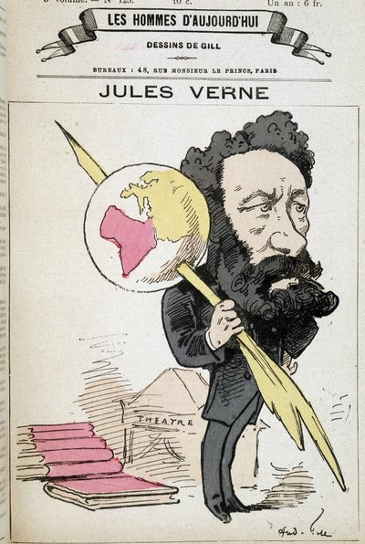 Jules Verne Pinching the Earth to His Pen - by Gill, in 
