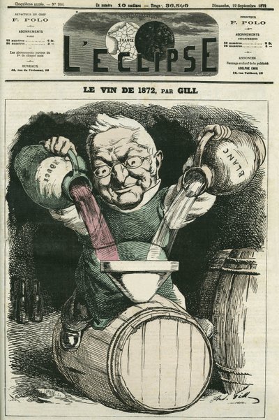 The wine of 1872, illustration by Adolphe Thiers mixing white and red wine (1797-1877), French historian and statesman. Cover in 