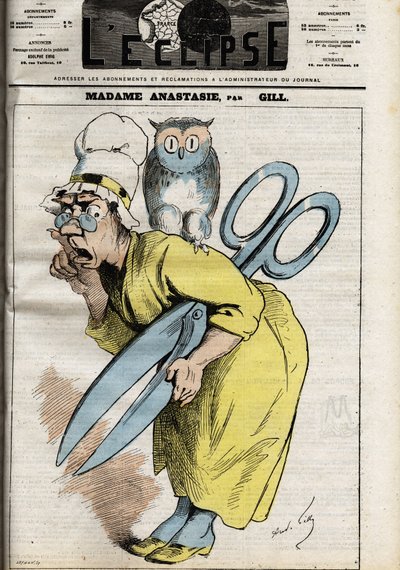 Madame Anastasia with the scissors of censorship. Illustration by Andre by Andre Gill
