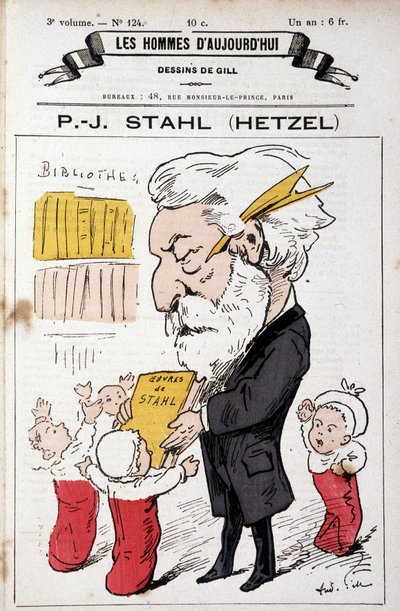 Portrait-charge of Pierre Jules Hetzel offering Stahl
