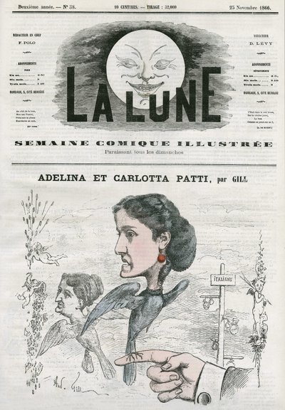 Portrait of Adelina and Carlotta Patti, Italian opera singers. Cartoon by Gill, in The Moon, November 25 by Andre Gill