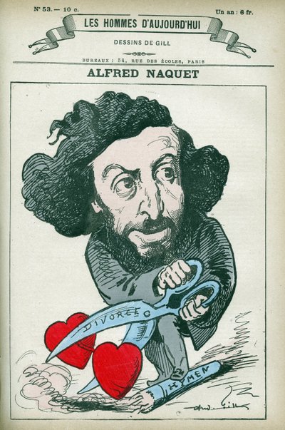 Portrait of Alfred Naquet, a French doctor, chemist and politician, he re-established the law authorizing divorce in 1884. Cartoon by Gill, Paris by Andre Gill