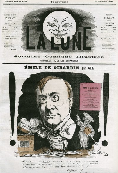 Portrait of Emile de Girardin (1806-1881), French journalist. Cartoon by Gill, in The Moon, November 11 by Andre Gill