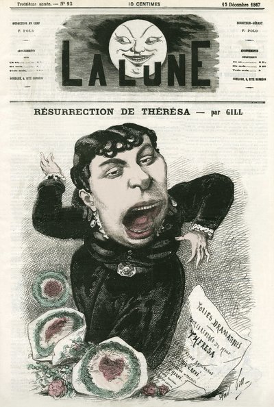 Portrait of Emma Valladon dit Theresa, French operette singer. Cartoon by Gill, in La Lune, December 15 by Andre Gill