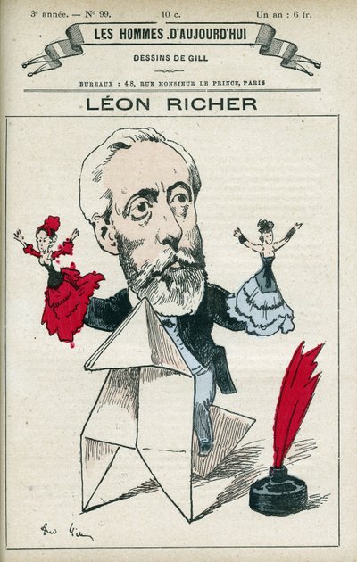 Portrait of Leon Richer, a French journalist and intellectual, he founded the Association pour le droit des femmes and the Ligue francaise pour le droit des femmes in 1882. Cartoon by Gill, Paris by Andre Gill