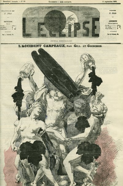 The Carpeaux accident, illustration of La Danse by Jean-Baptiste Carpeaux, a sculpture for the Opera Garnier which was strongly criticized to the point that a bottle of ink was thrown on it. Cover in L