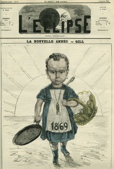 The New Year, Illustration of a Little Girl Holding a Stove and a Basket of Eggs by Andre Gill