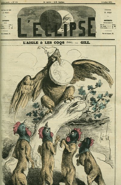 The eagle and the roosters, according to the fable, the Napoleonic eagle holds France in its beak ready to release it to foxes with a rooster