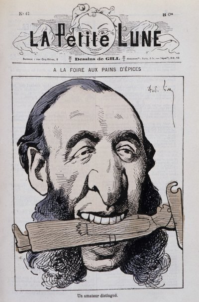 The gingerbread fair, a distinguished amateur: Caricature by Jules Ferry anticlerical - in The Little Moon by Andre Gill