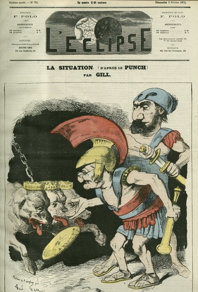 The situation, cartoon by Adolphe Thiers (1797-1877) and Leon Gambetta (1838-1882) giving a ministry to royalist and bonapartist dogs. Cover in L