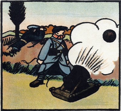 First World War 1914-1918: Bomb Launcher. A French Soldier Sends Bombs at the Enemy with a Cannon. Engraving in 