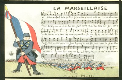 Postcard, Satirical in Colors: La Marseillaise - War of 14-18, Marseillaise, Singing Illustration by Andre Helle by Andre Helle
