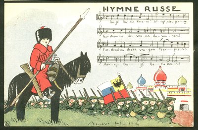 Postcard, Satirical in Colors: Russian Anthem - War of 14-18, Russia, Singing - Soldiers Illustration by Andre Helle (1875-1945) by Andre Helle