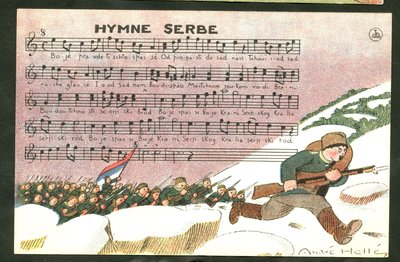 Postcard, Satirical in Colors: Serbian Anthem - War of 14-18, Song, Serbia - Soldiers Illustration by Andre Helle by Andre Helle
