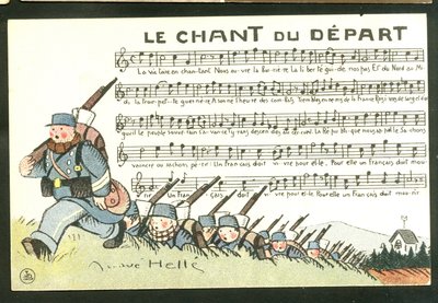 Postcard, Satirical in Colors: The Song of the Depart - War of 14-18, Soldiers Illustration by Andre Helle by Andre Helle