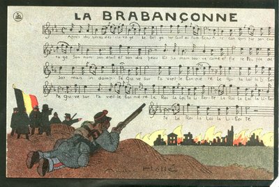 Postcard, Satirical in Colors, circa 1915: La brabanconne - War of 14 -18, Belgium, Chant - Soldiers Illustration by Andre Helle (1875-1945) by Andre Helle