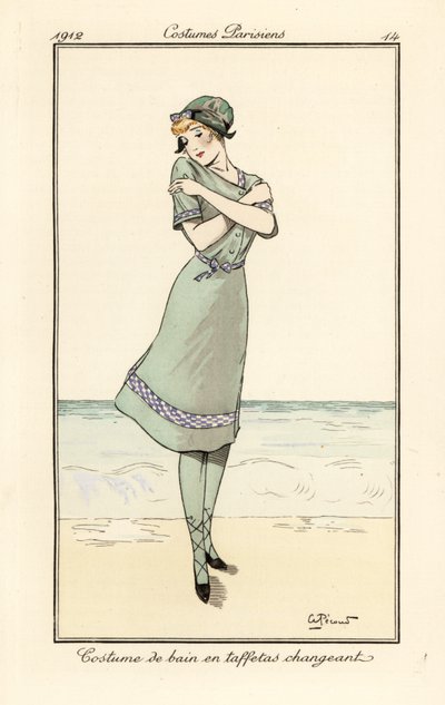 Woman on beach in swimming costume in two-tone taffeta by Andre Pecoud