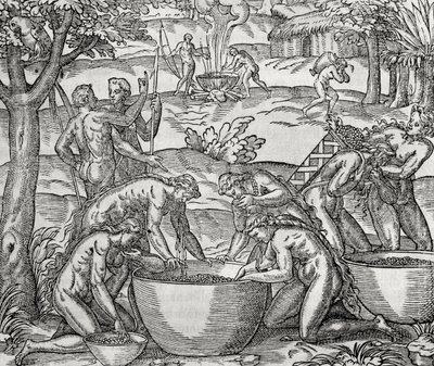 Cap de Frie, women preparing food, engraving, South America by Andre Thevet
