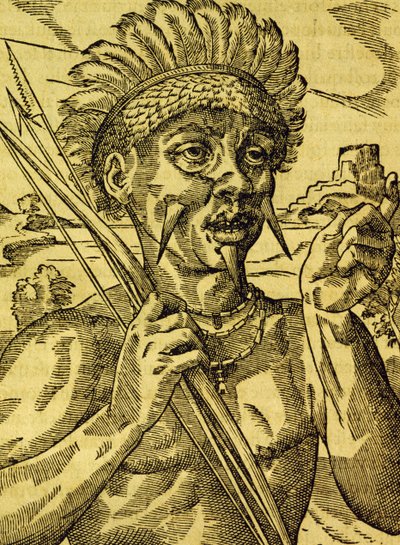 Chief of tribe of cannibals, engraving from Universal Cosmology by Andre Thevet