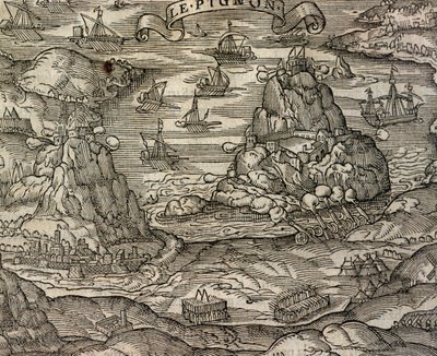 Naval Battle near Le Pignon Island, engraving from Cosmographie Universelle by Andre Thevet