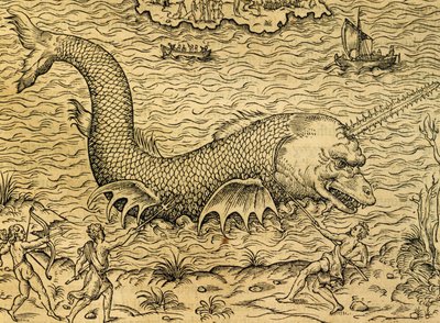 Sea monster, engraving from Universal Cosmology by Andre Thevet