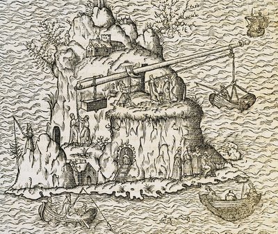 Transportation technique for boats on Island of Crete, engraving from La Cosmographie Universelle, by Andre Thevet by Andre Thevet
