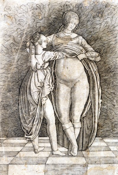 A young girl undresses a woman. Engraving by Andrea Zoan. 15th century. by Andrea (attr. to) Zoan