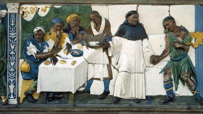 Detail of the poor receiving food by Andrea (workshop of) Della Robbia