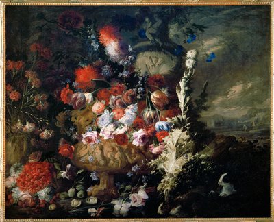 Vase with Flowers and Fruit in a Landscape by Andrea Belvedere
