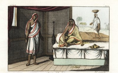 Different types of sari and clothes worn by Indian women. Woman of distinction in sari and veil seated on sofa, and woman of lower rank in short sari by Andrea Bernieri