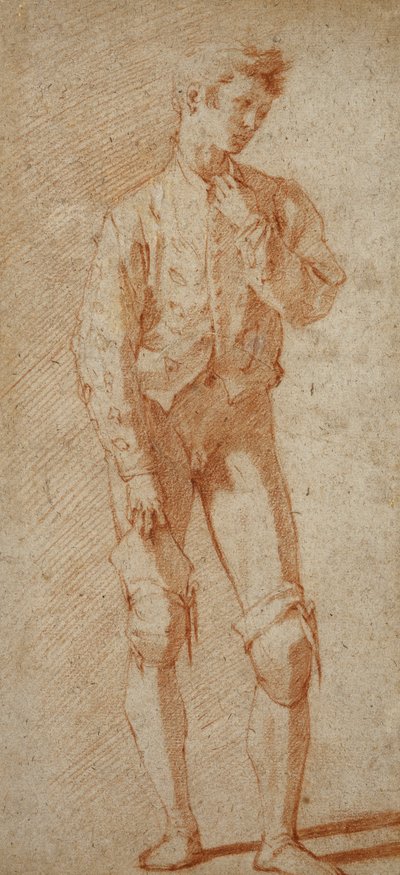 A Standing Youth, Partly Dressed, Wearing a Doublet, Pulling Up His Stockings by Andrea Boscoli