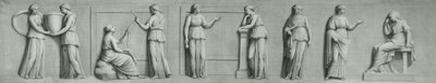 A grisaille panel depicting female figures including muses by Andrea Casali