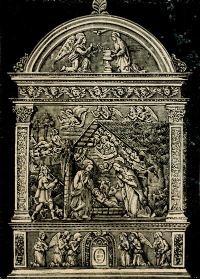 Nativity, terracotta altarpiece by Andrea della Robbia, woodcut from Le cento citta d