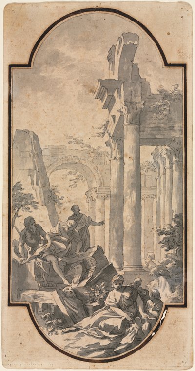 Figures Near the Ruins of a Corinthian Temple (recto) by Andrea Locatelli