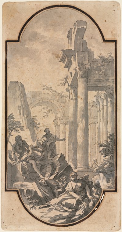 Figures Near the Ruins of a Corinthian Temple (recto), Fragment of an Arch (tracing from recto) by Andrea Locatelli