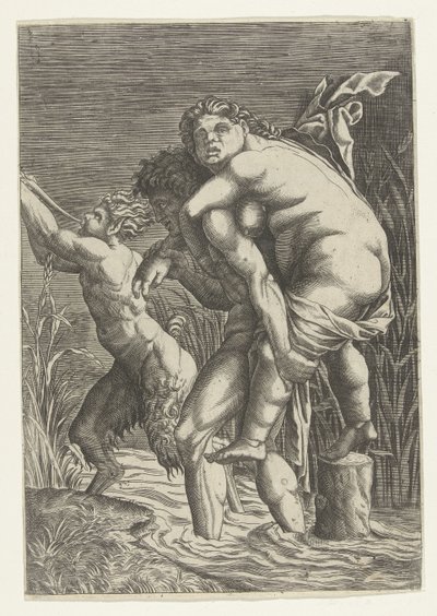 Man Carrying Woman on His Back and a Satyr by Andrea Mantegna (school of)
