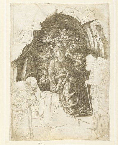 Mary with Child Surrounded by Angels in a Cave with Joseph and King in Adoration by Andrea Mantegna (school of)