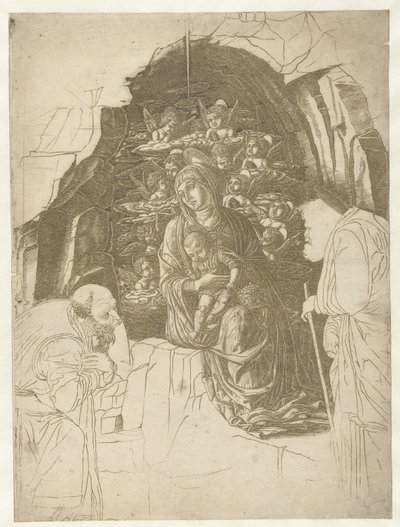 Mary with Child Surrounded by Angels in a Cave with Joseph and King in Adoration by Andrea Mantegna (school of)